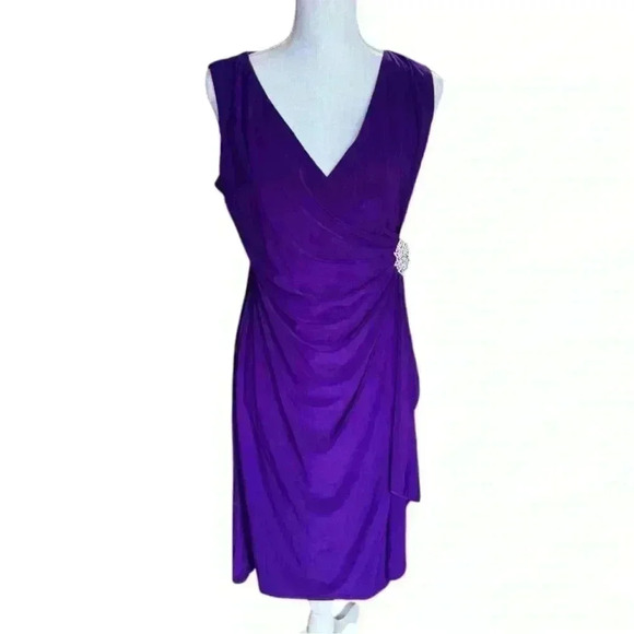 R&M Richards Rhinestone Brooch Crossover Surplice Dress Size 12 Plum - Picture 1 of 5